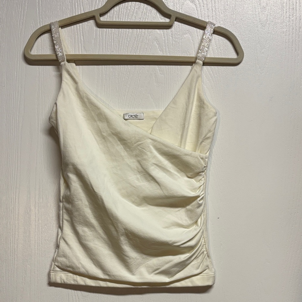 Cache Cream Camisole B-neck Criss-Cross with Ruched Silde and‎ Beaded Straps.